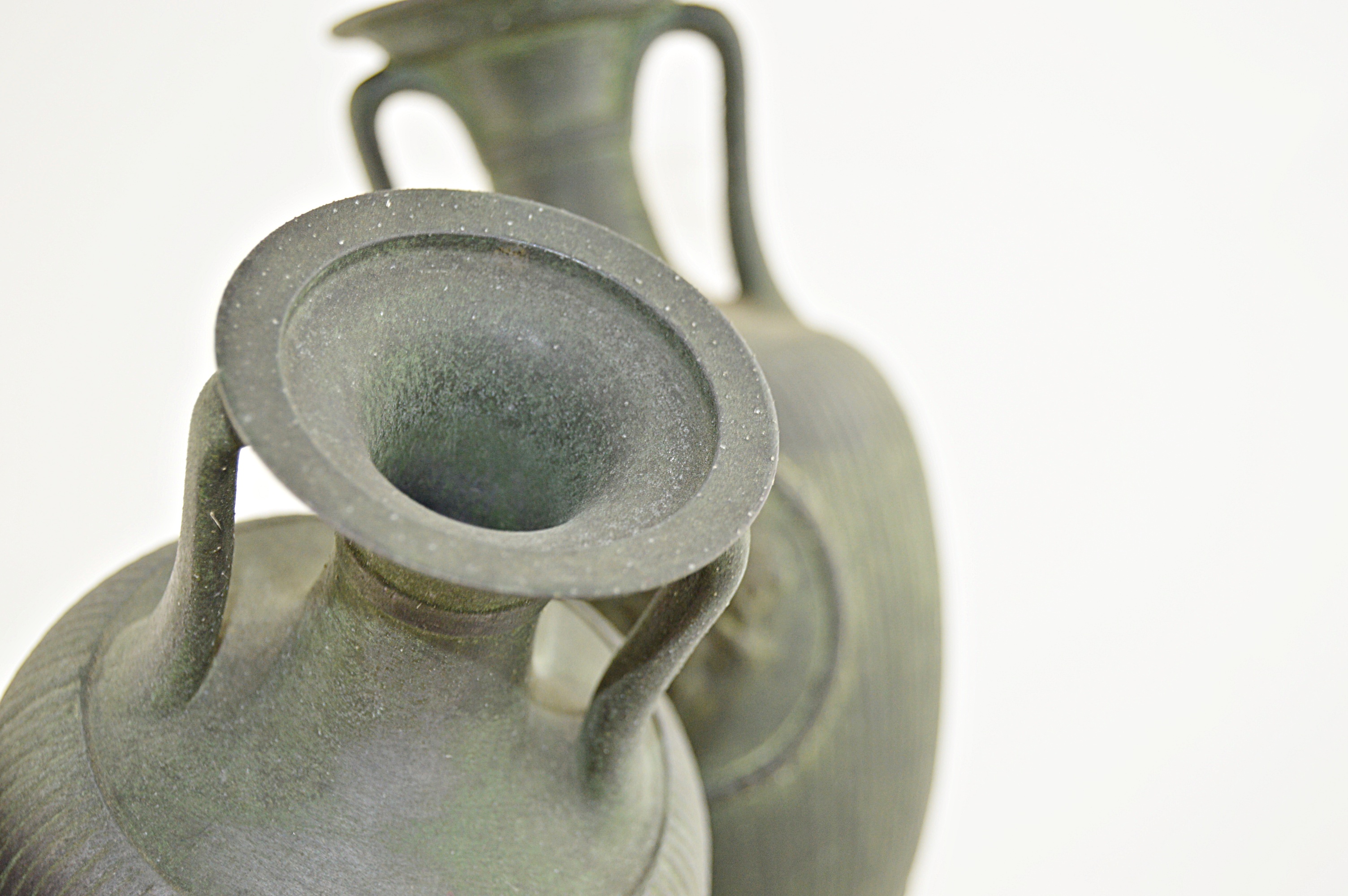 Pair of Classical Metal Urns in a Verdigris Finish