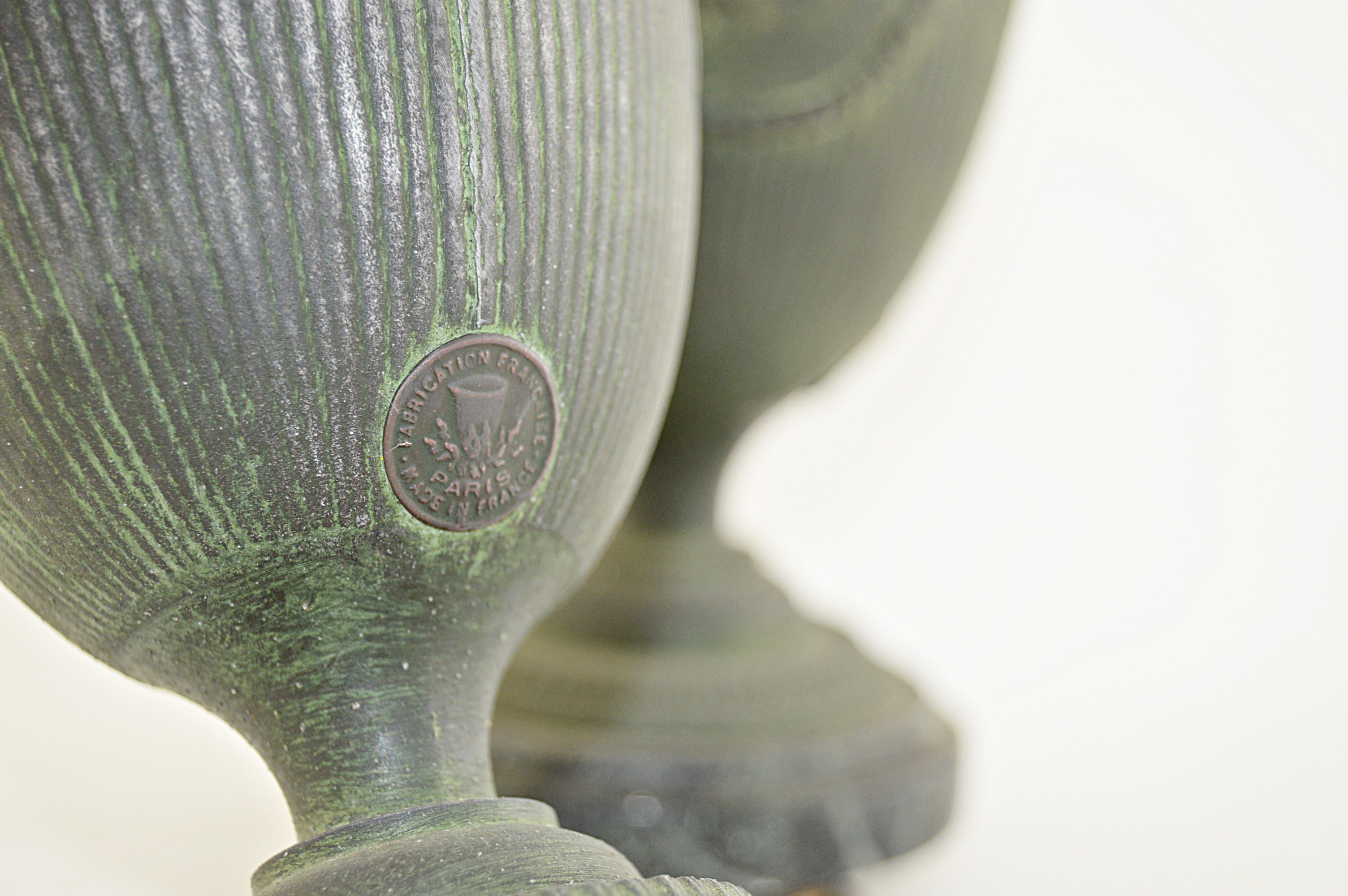Pair of Classical Metal Urns in a Verdigris Finish