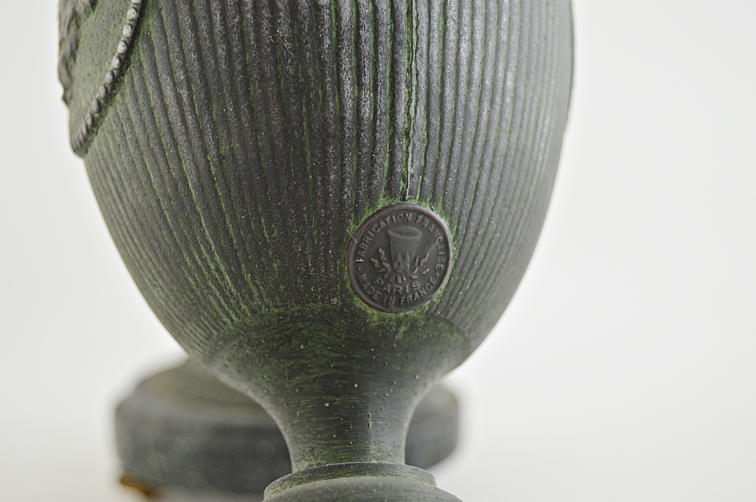 Pair of Classical Metal Urns in a Verdigris Finish