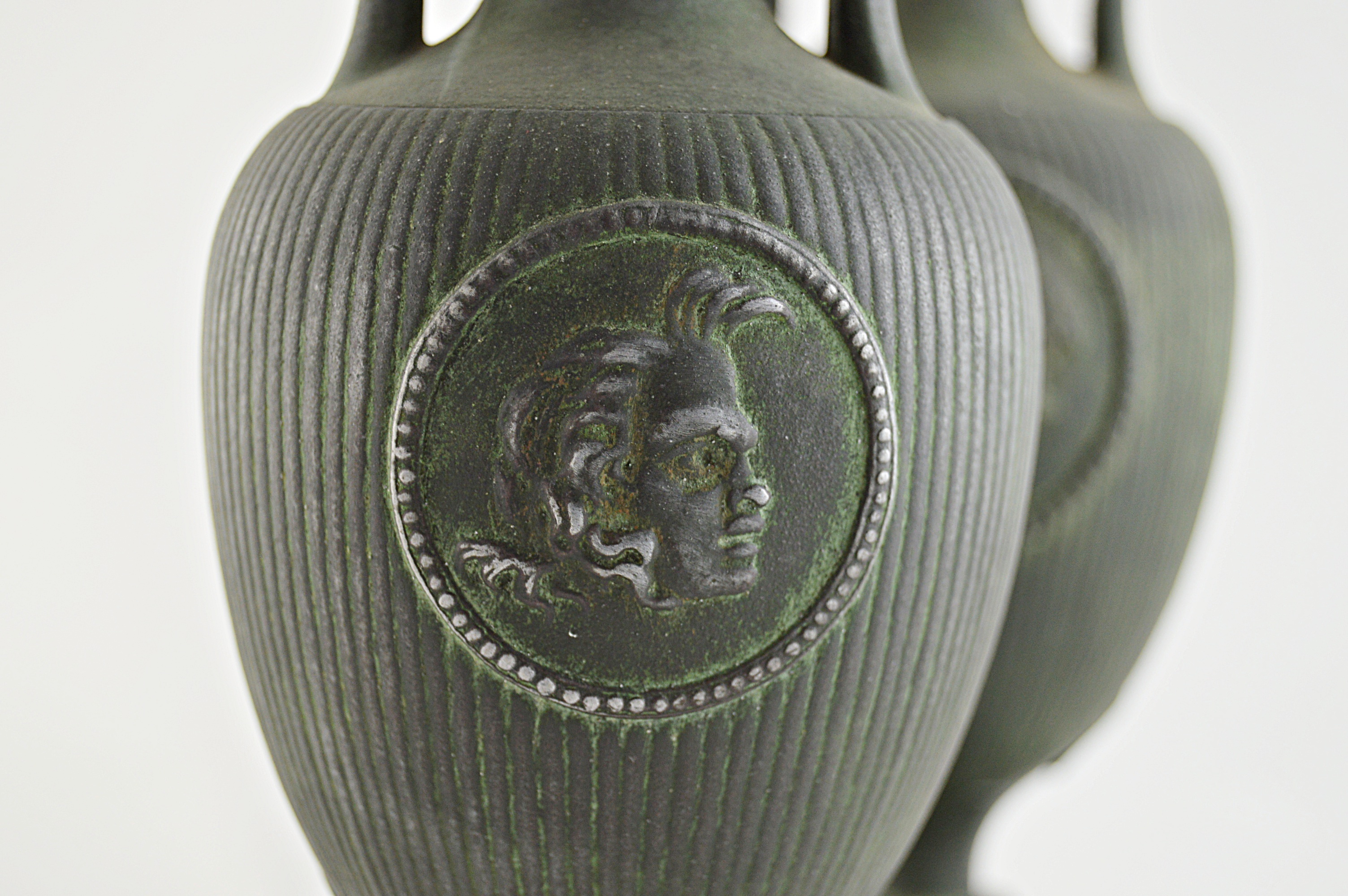 Pair of Classical Metal Urns in a Verdigris Finish