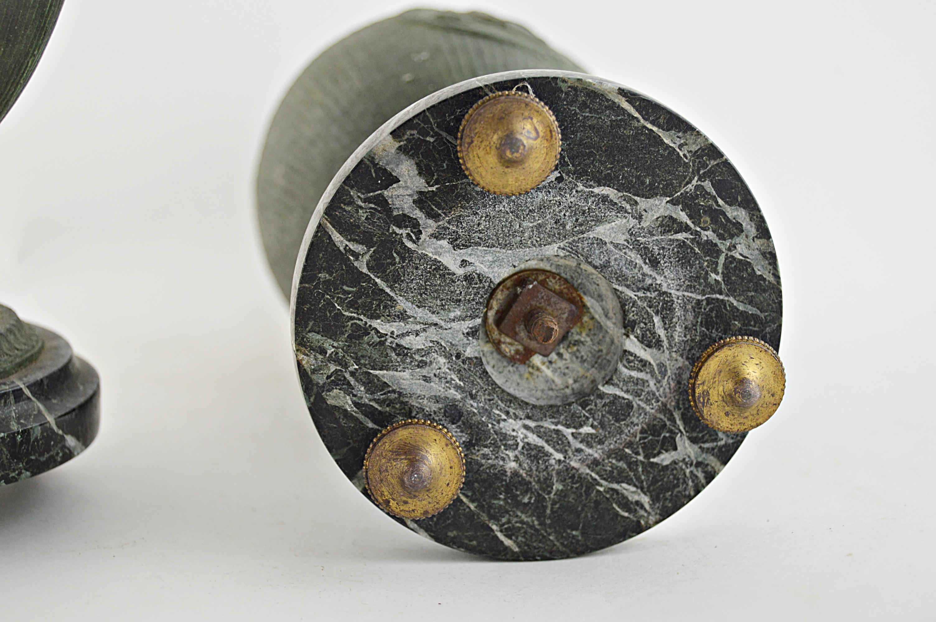 Pair of Classical Metal Urns in a Verdigris Finish