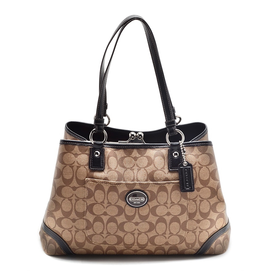 New Coach Epi Signature Satchel Handbag in Tan with Espresso Brown Leather Trim