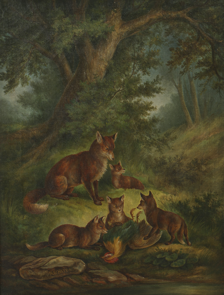 Anthony Hochstein Mid-19th-Century Oil Painting on Canvas Landscape with Foxes