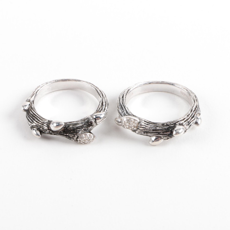 Pair of Stephen Dweck Fortuna Branch Sterling Silver and Diamond Rings
