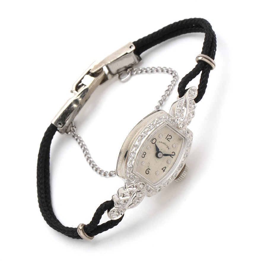 14K White Gold Vintage Hamilton Watch with Diamonds