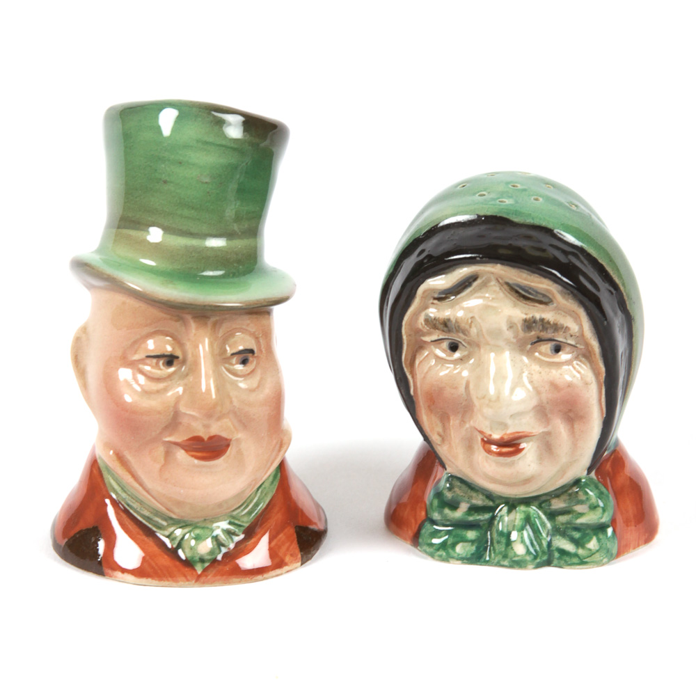 Beswick "Mr. Micawber & Sairey" Gamp Porcelain Dickens Toby Character Shakers