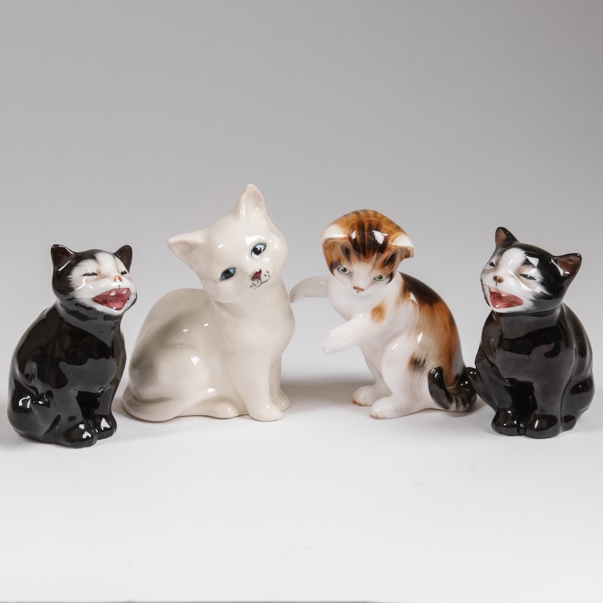 Royal Doulton Hand-Painted Cat Figurines Including "Lucky"