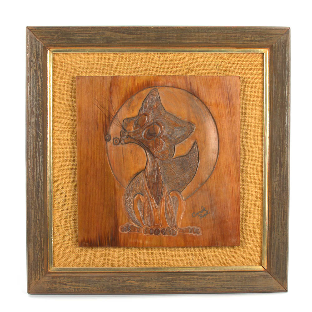 Carol Papst Signed and Framed Fox Wood Carving