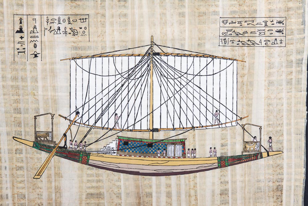 Gouache Painting on Papyrus of a Boat