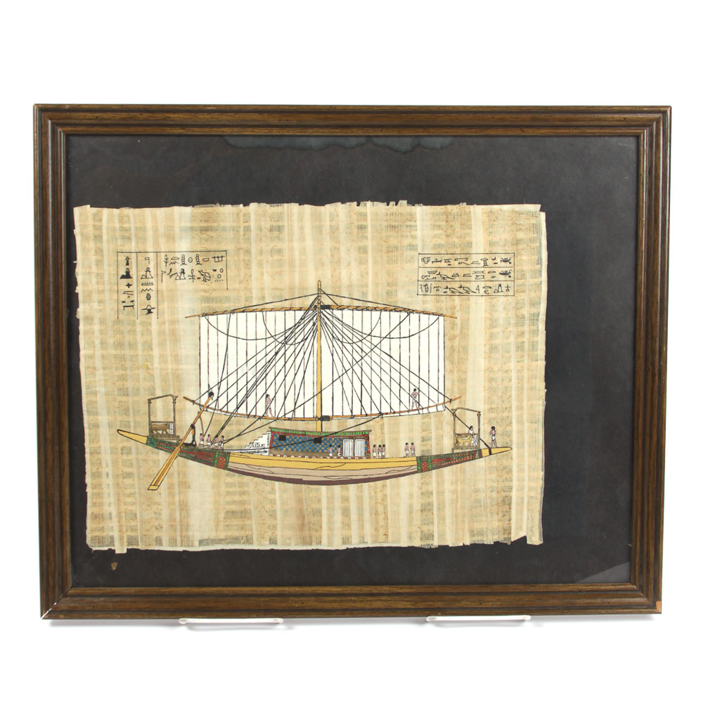 Gouache Painting on Papyrus of a Boat