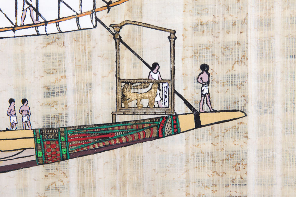 Gouache Painting on Papyrus of a Boat