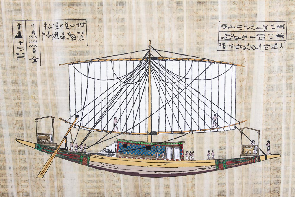 Gouache Painting on Papyrus of a Boat