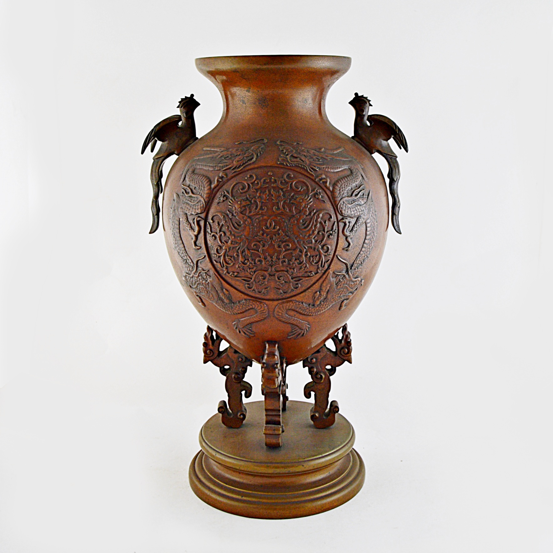Vintage Chinese Bronze Metal Urn with Dragons and Birds of Paradise