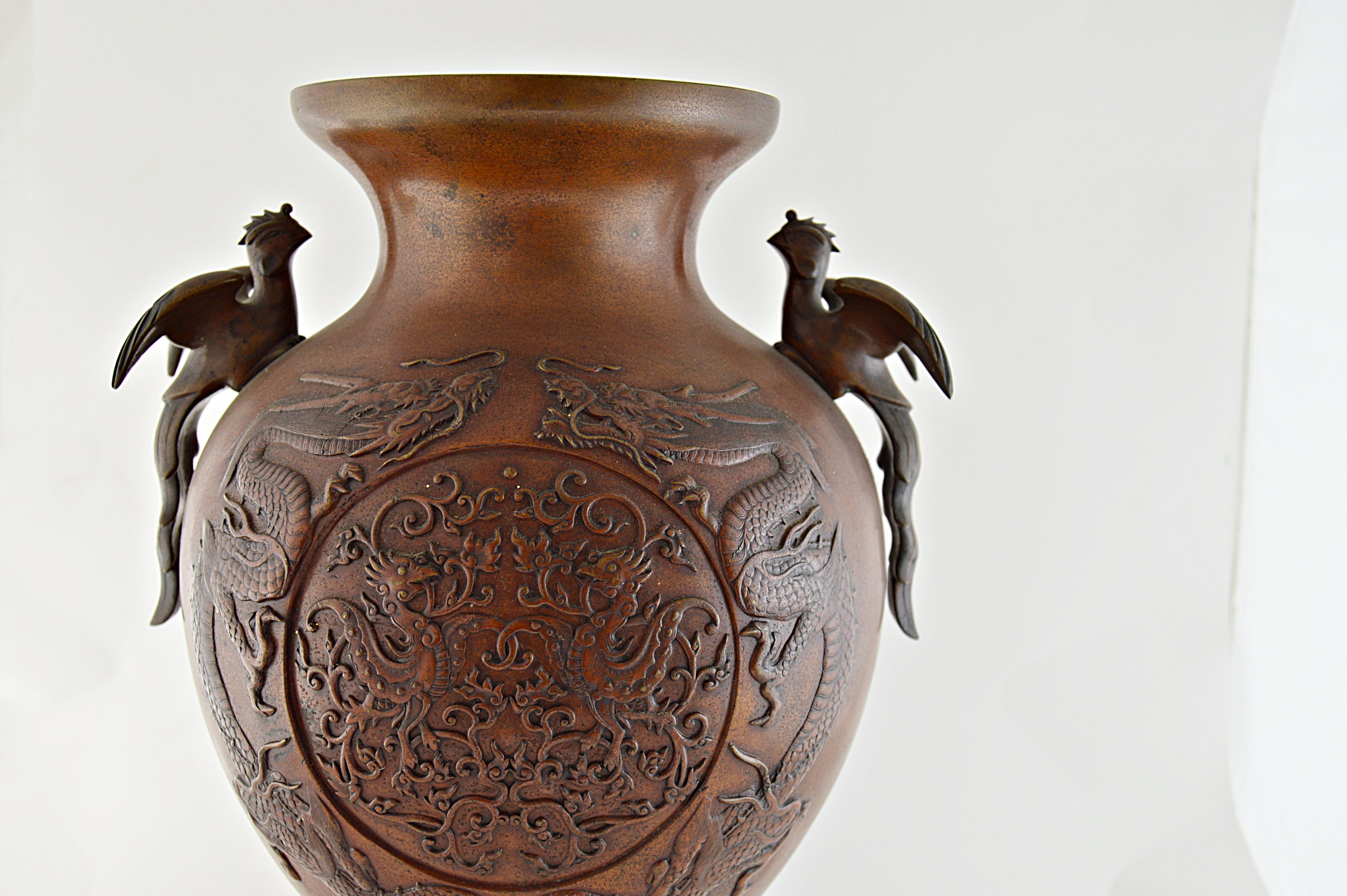 Vintage Chinese Bronze Metal Urn with Dragons and Birds of Paradise