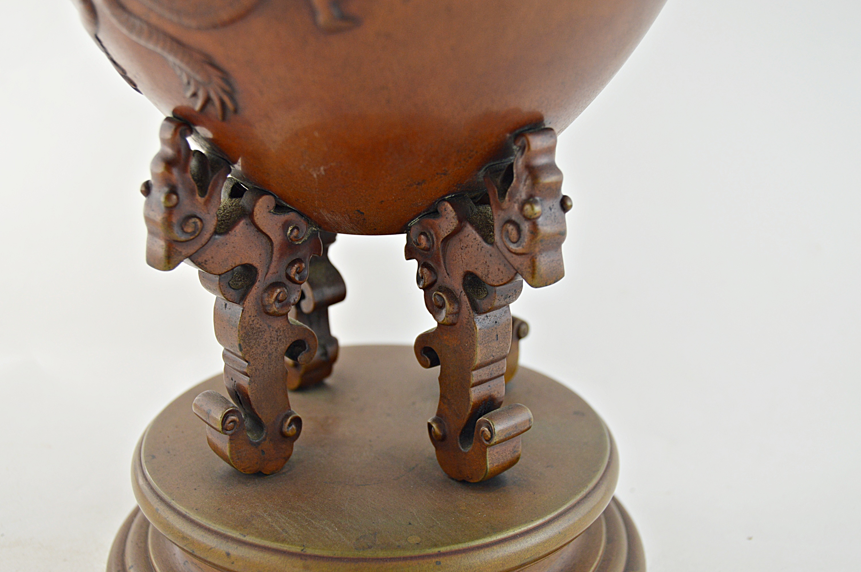 Vintage Chinese Bronze Metal Urn with Dragons and Birds of Paradise