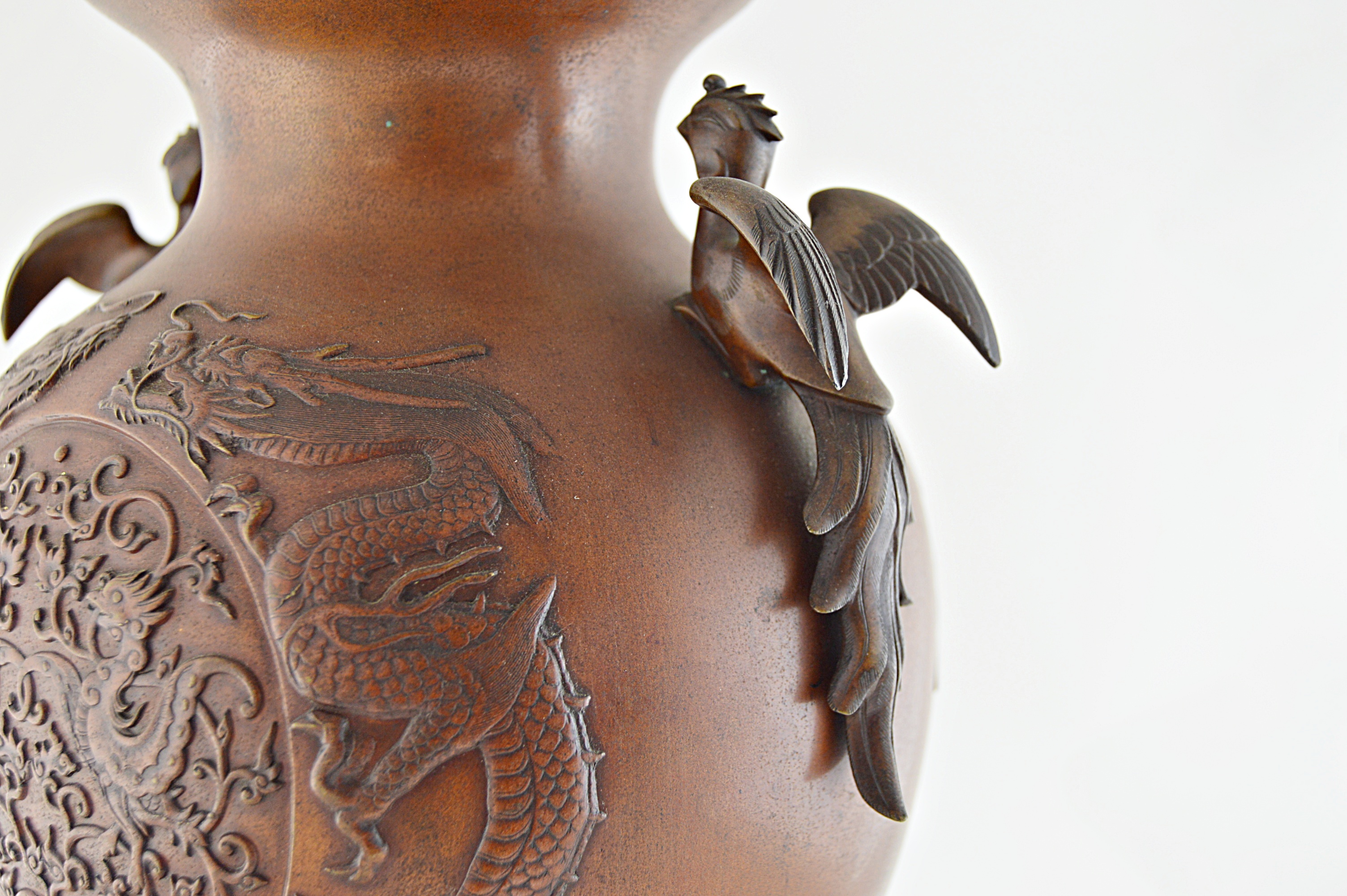 Vintage Chinese Bronze Metal Urn with Dragons and Birds of Paradise