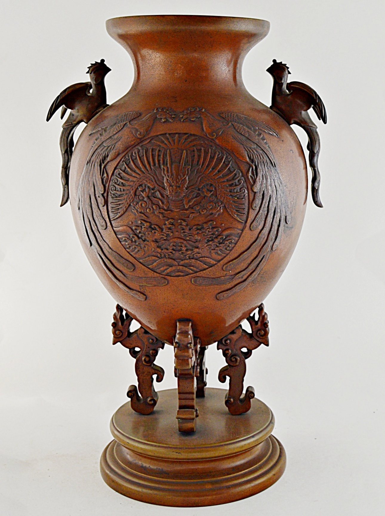 Vintage Chinese Bronze Metal Urn with Dragons and Birds of Paradise