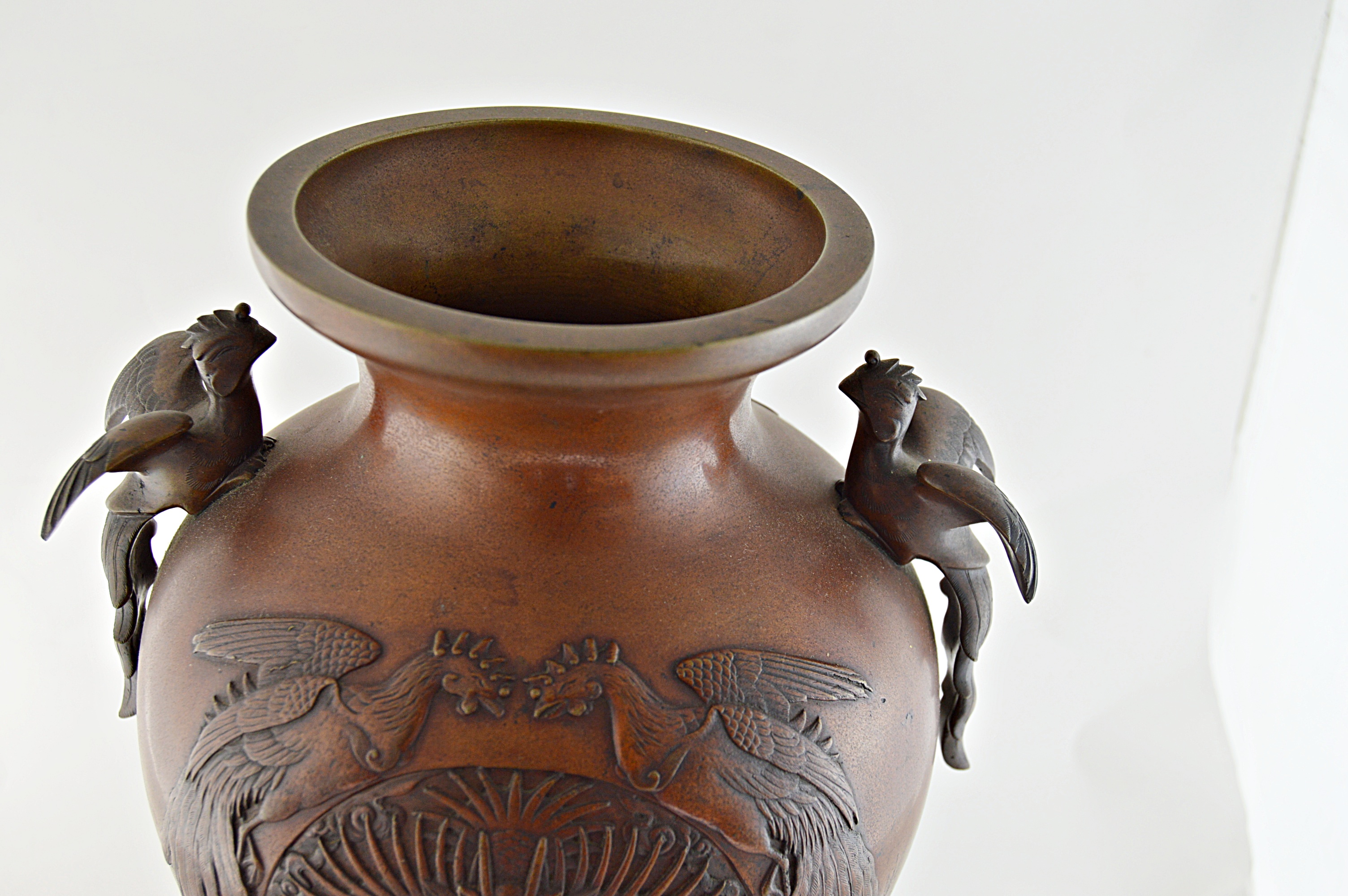 Vintage Chinese Bronze Metal Urn with Dragons and Birds of Paradise
