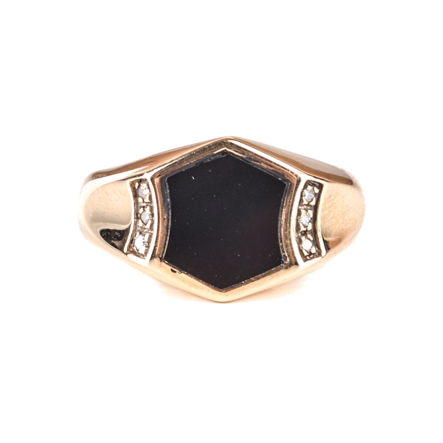 10K Yellow Gold Black Onyx and Diamond Ring