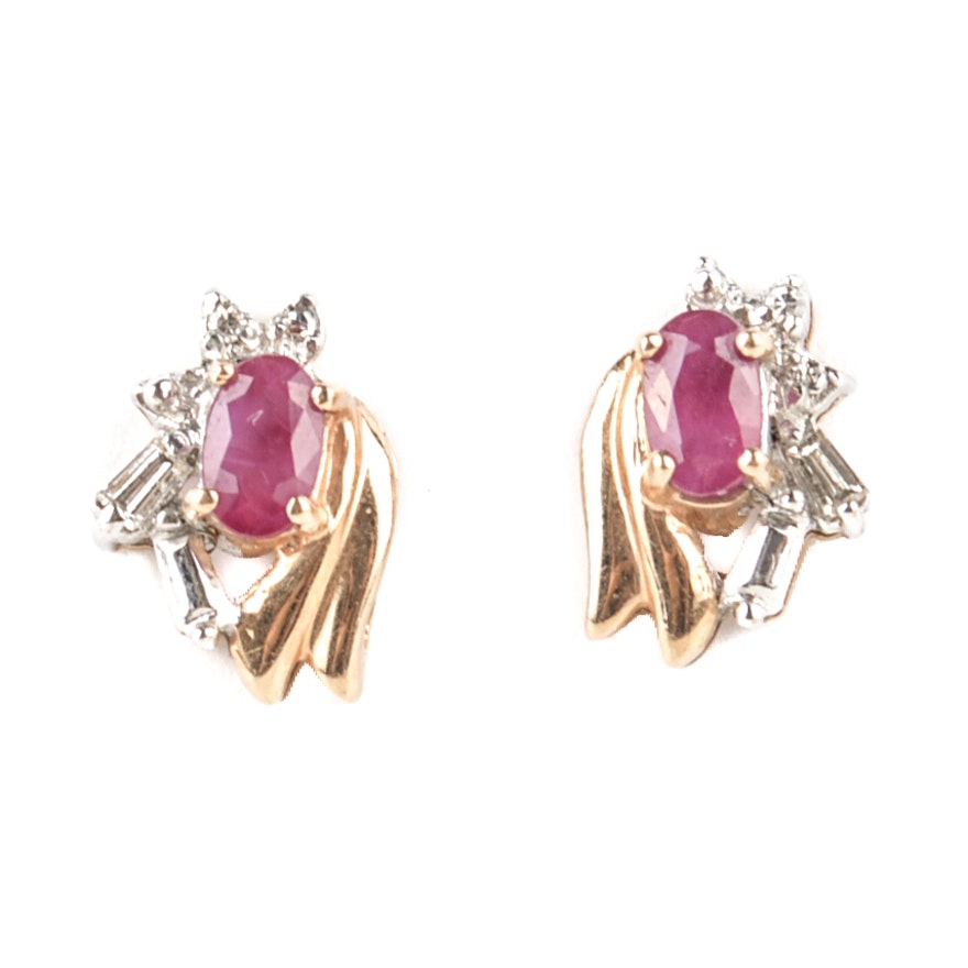 14K and 10K Two-Tone Ruby and Diamond Earrings