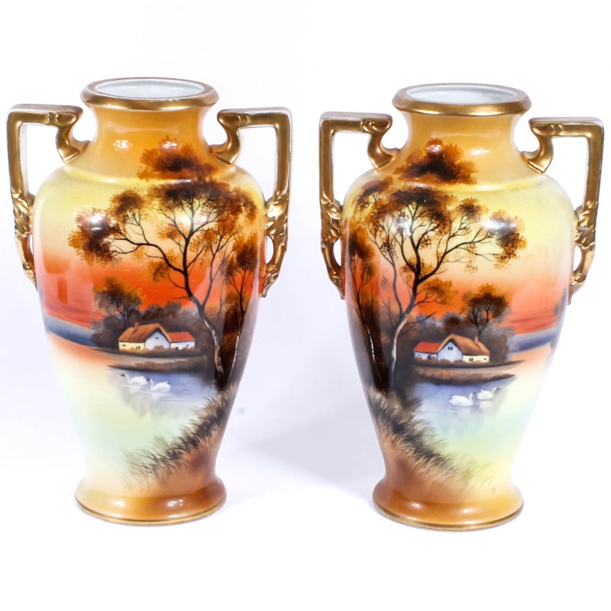 Matching Pair of Hand-Painted Noritake Vases