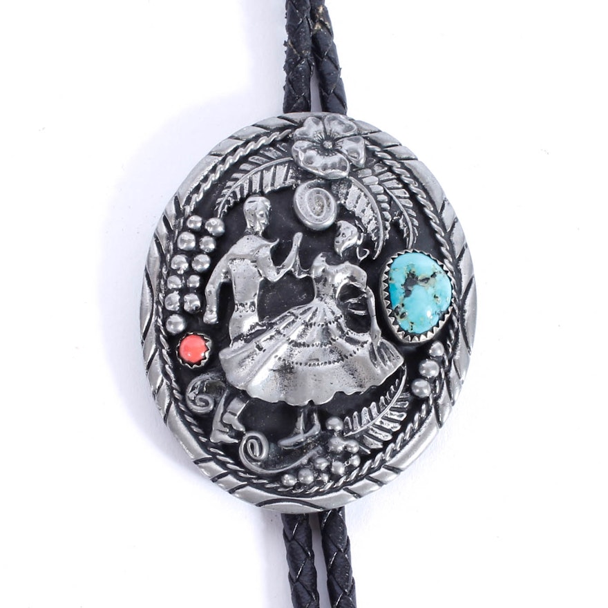 Bolo Tie with Sterling Silver, Turquoise and Coral