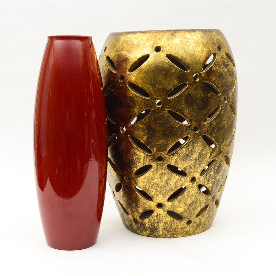 Red Floor Vase and Gold Garden Stool