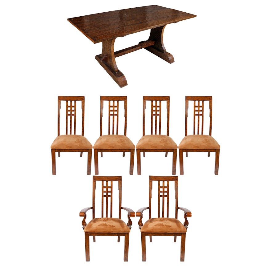 Wood Trestle Table and Dining Chairs