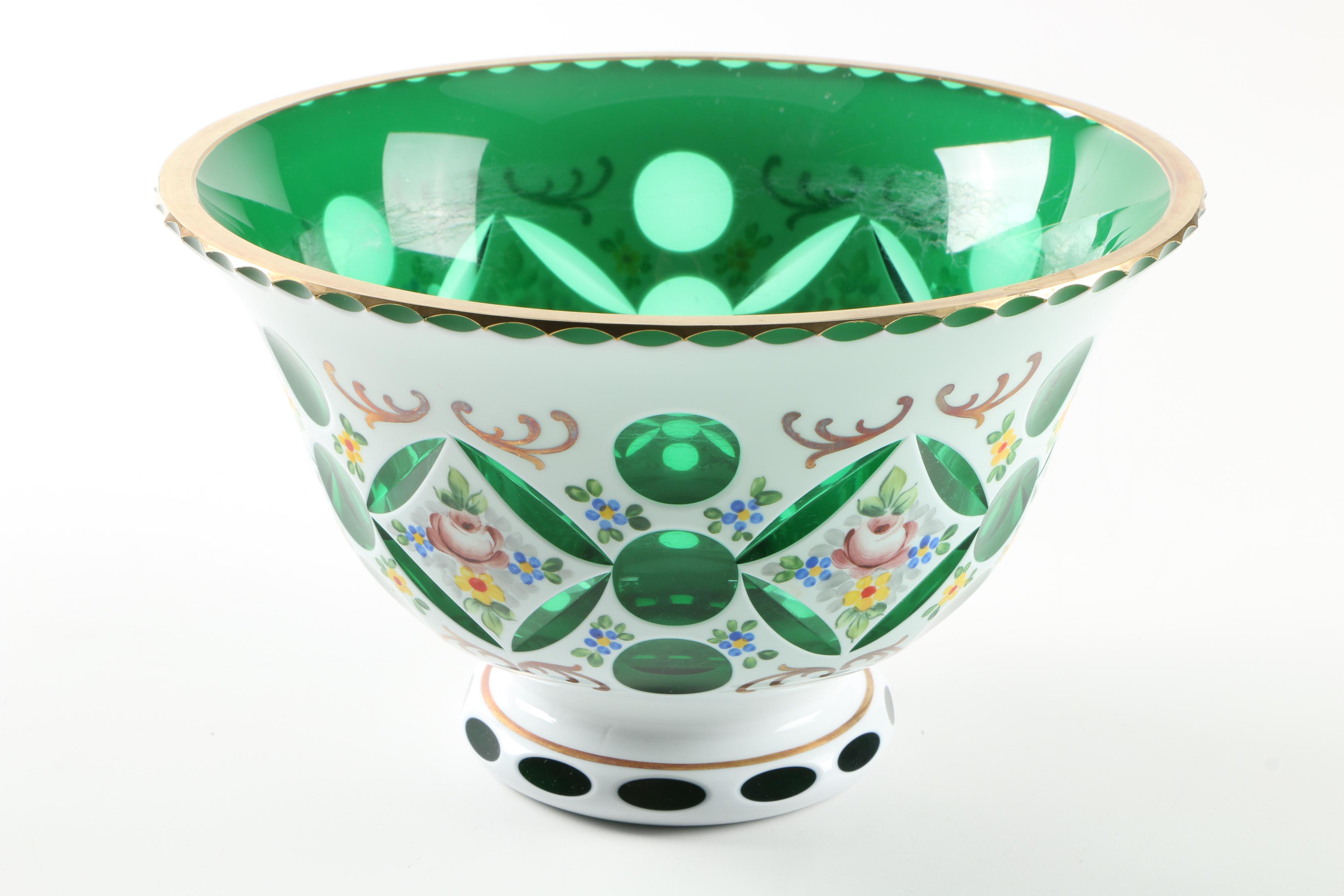 Bohemian Cased Cut to Clear Glass Bowl and Bell