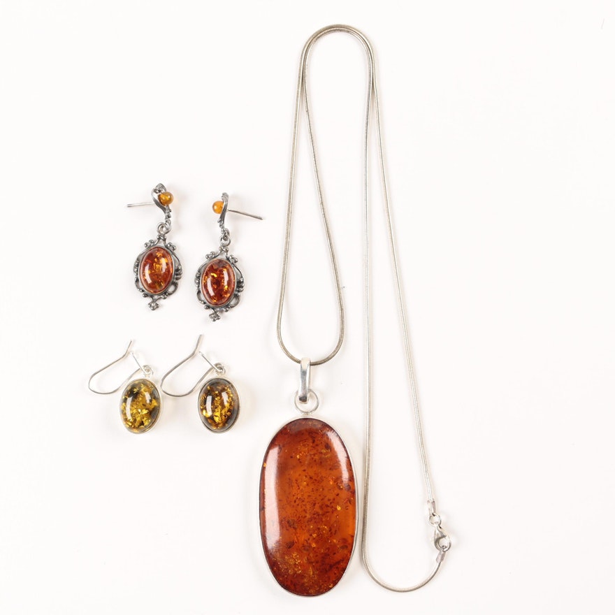 Sterling Silver Amber Pendant Necklace and Earrings