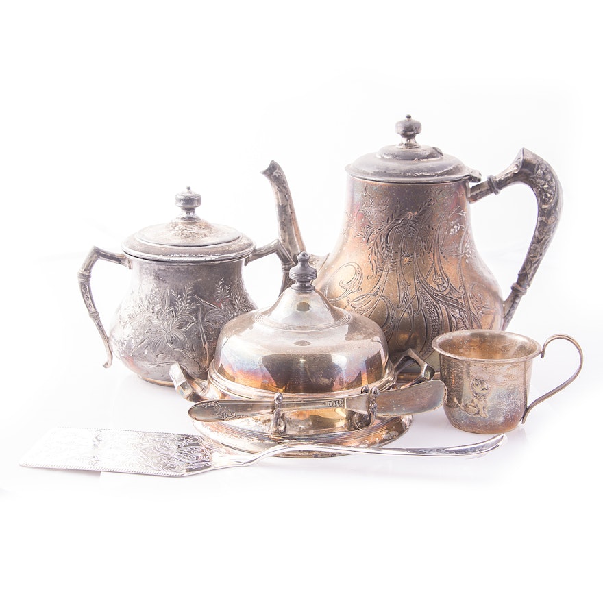 Brooklyn Silver Plate Co. Teapot and Sugar with Additional Plated Serveware