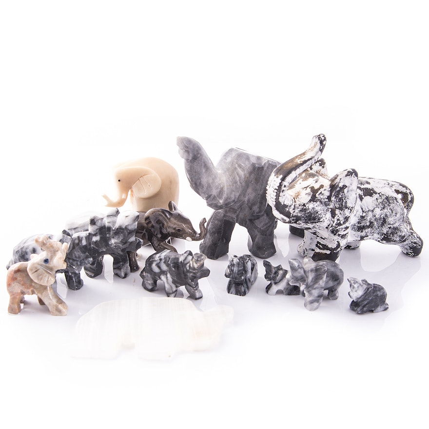 Miniature Ceramic and Stone Elephant Figurines