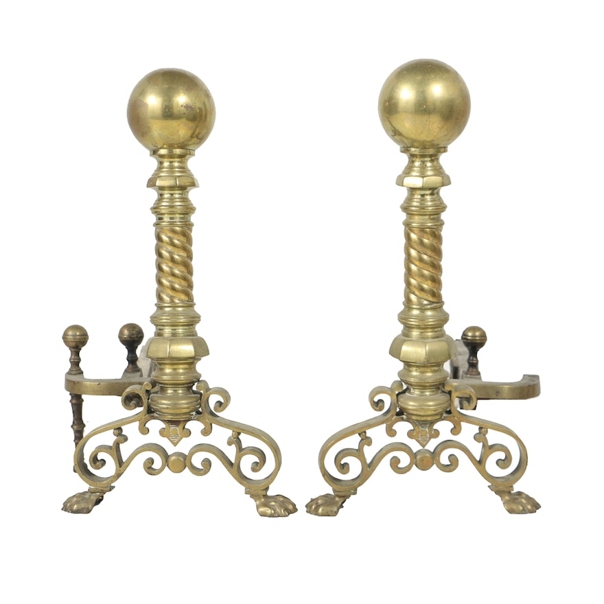 Antique Spiraled Brass Andirons with Lion Paw Feet