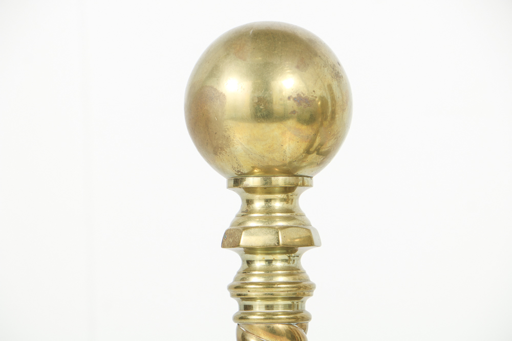 Antique Spiraled Brass Andirons with Lion Paw Feet