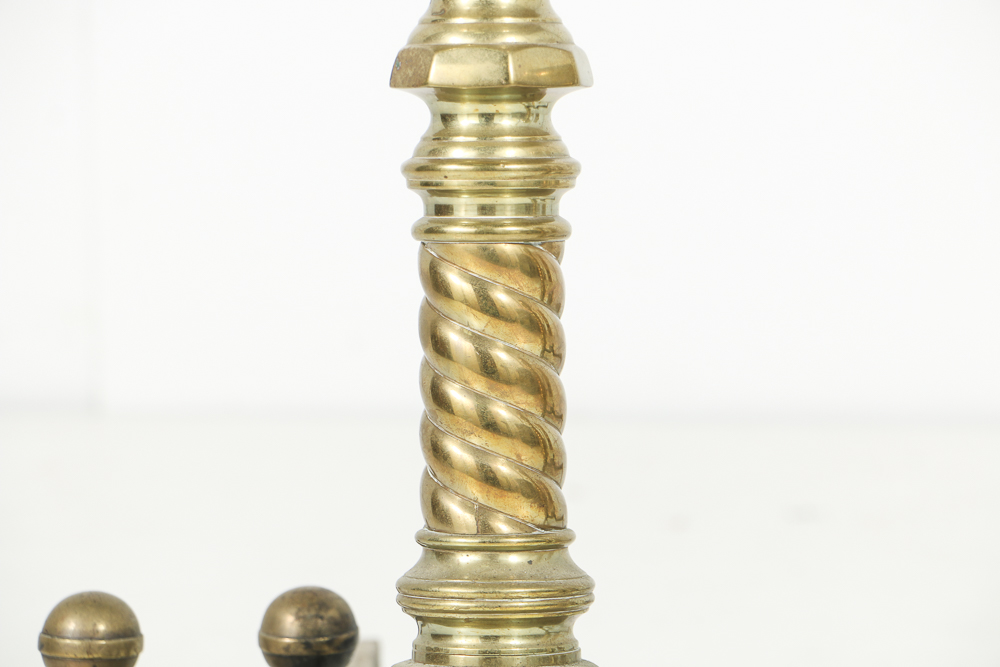 Antique Spiraled Brass Andirons with Lion Paw Feet