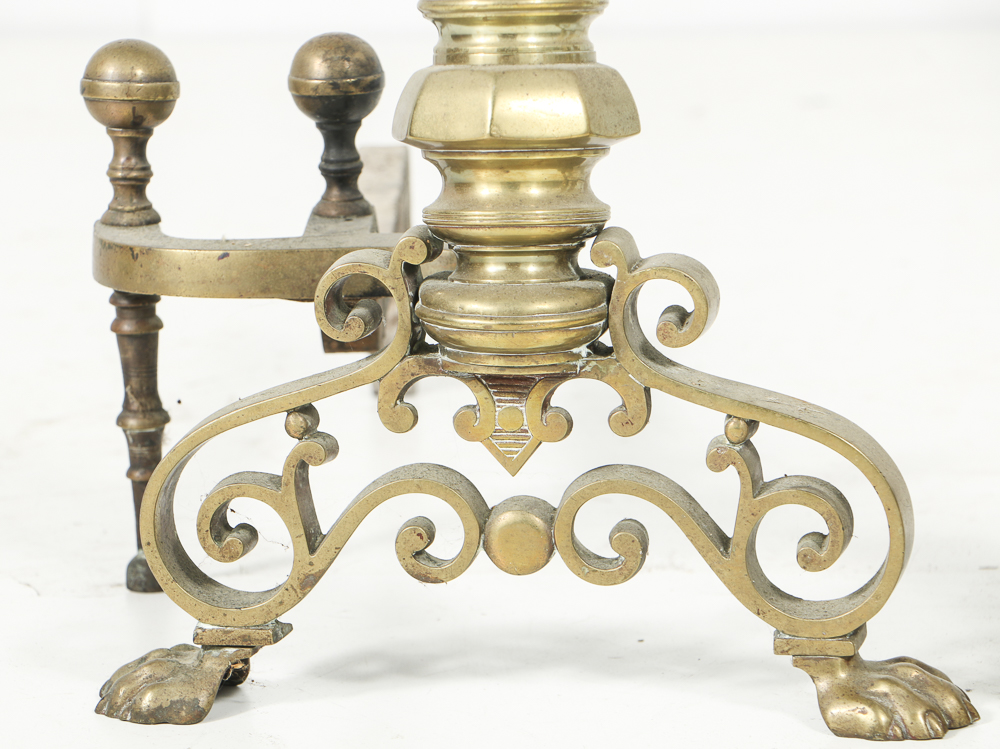 Antique Spiraled Brass Andirons with Lion Paw Feet