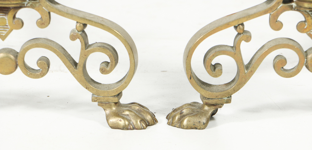 Antique Spiraled Brass Andirons with Lion Paw Feet