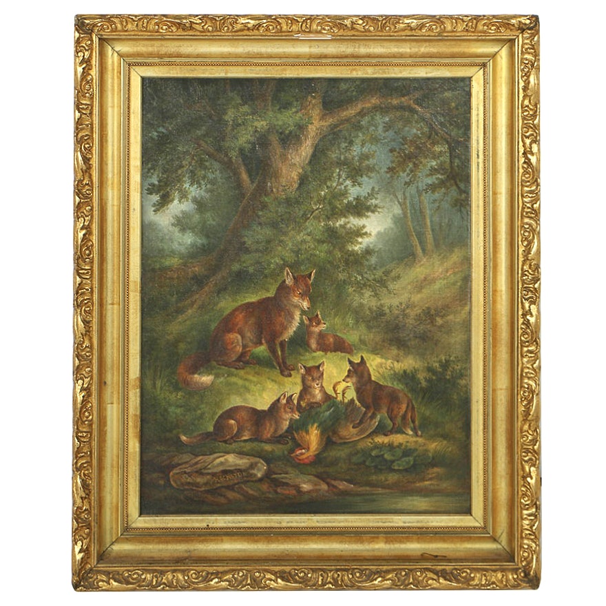 Anthony Hochstein Mid-19th-Century Oil Painting on Canvas Landscape with Foxes