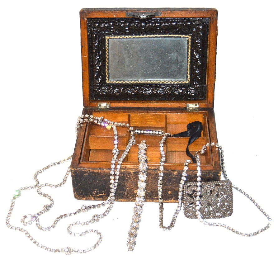 Wood Carved Jewelry Box and Vintage Rhinestone Jewelry