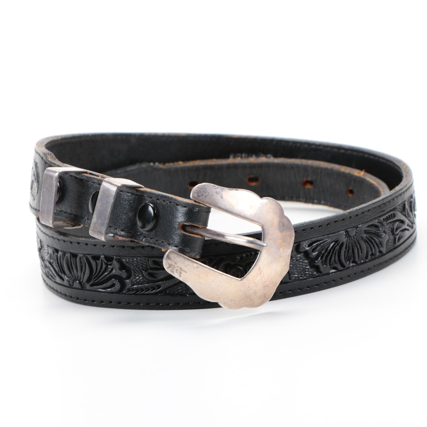 Mexican Hand Tooled Black Leather Belt with Sterling Silver Buckle and Loops