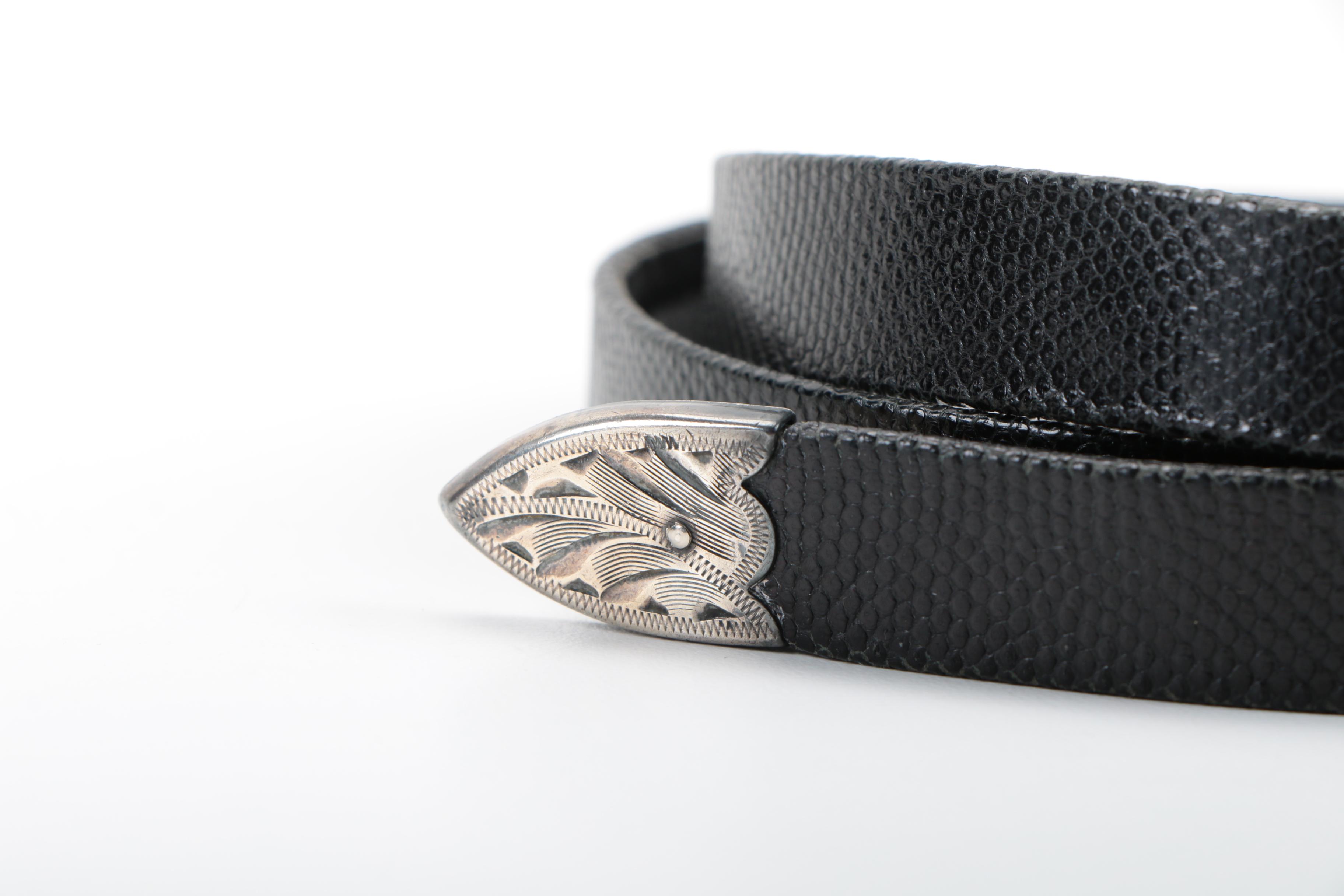 Black Leather Belt with Sterling Silver Buckle and End Tip