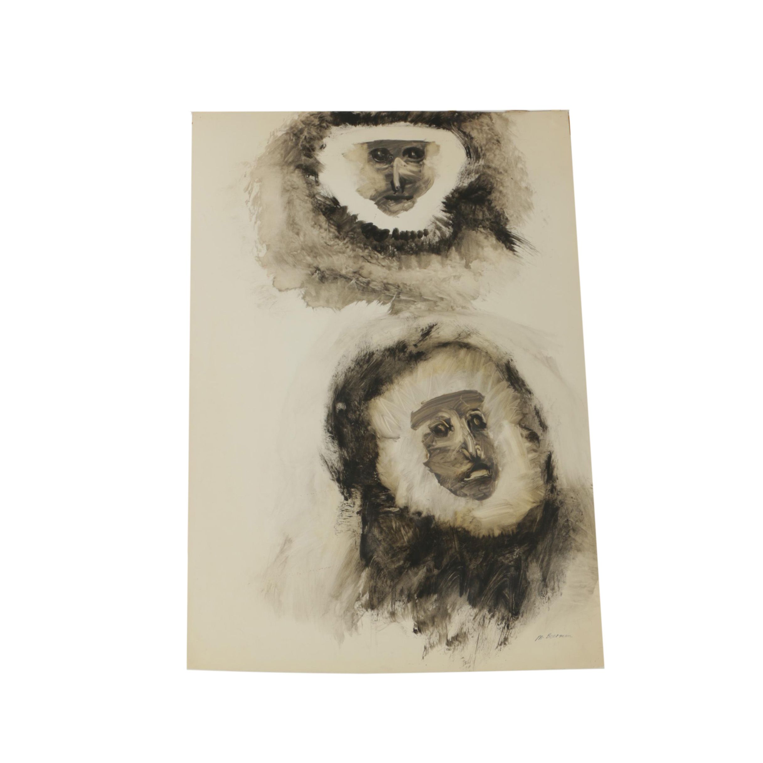 Miriam H. Beerman Gouache Painting of Capuchin Monkeys