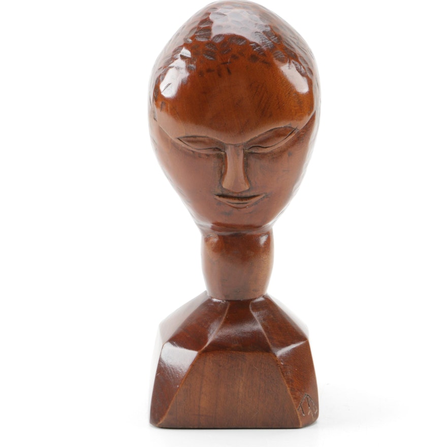 T. Ashbrook Carved Wooden Sculpture of Stylized Face