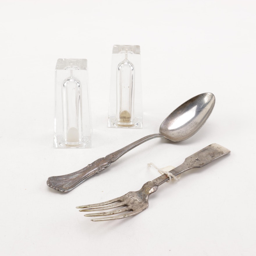 Contemporay Glass Shakers and Antique German Silver Fork and Silver Plate Spoon