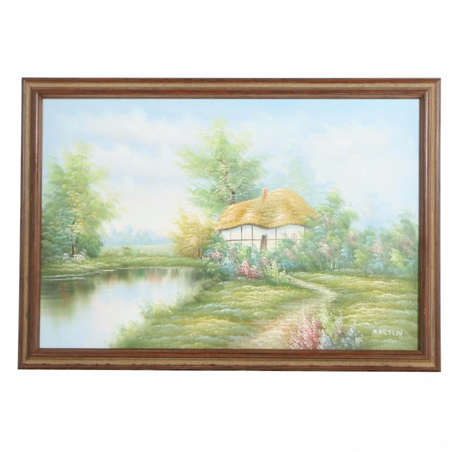 Signed Oil on Canvas of Thatched Roof House in the Woods by Marten