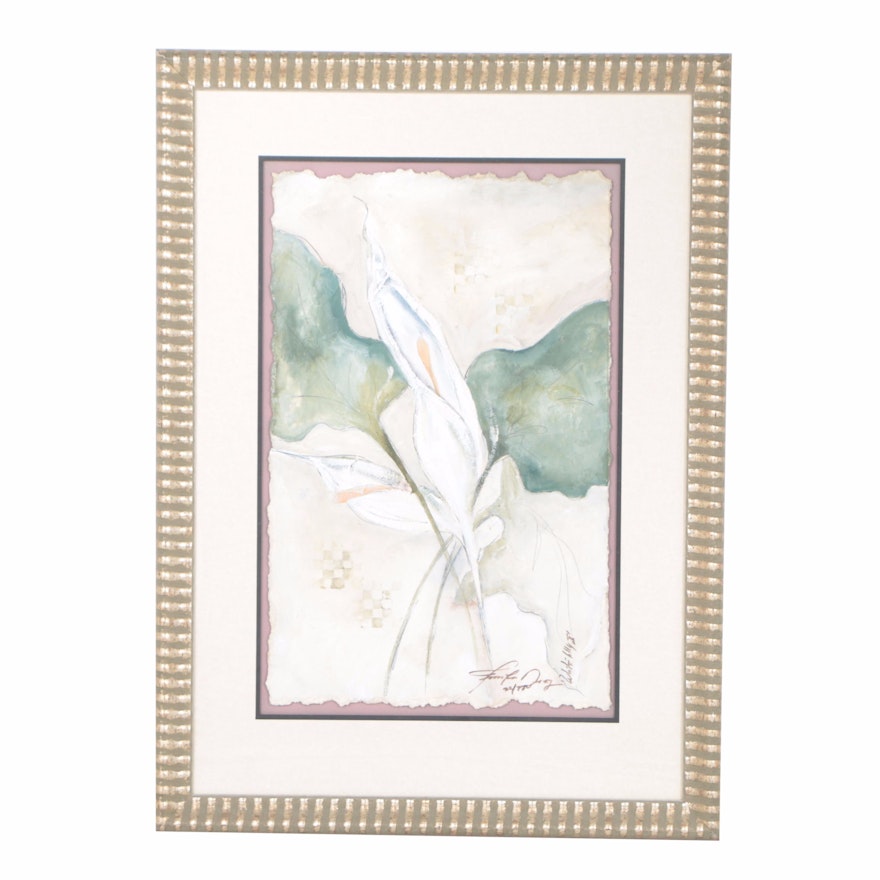 Hand-Embellished Print with Mixed Media "White Lily II"