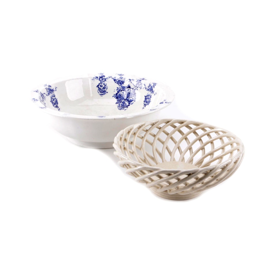 Antique Ceramic Wash Basin and Woven Bowl