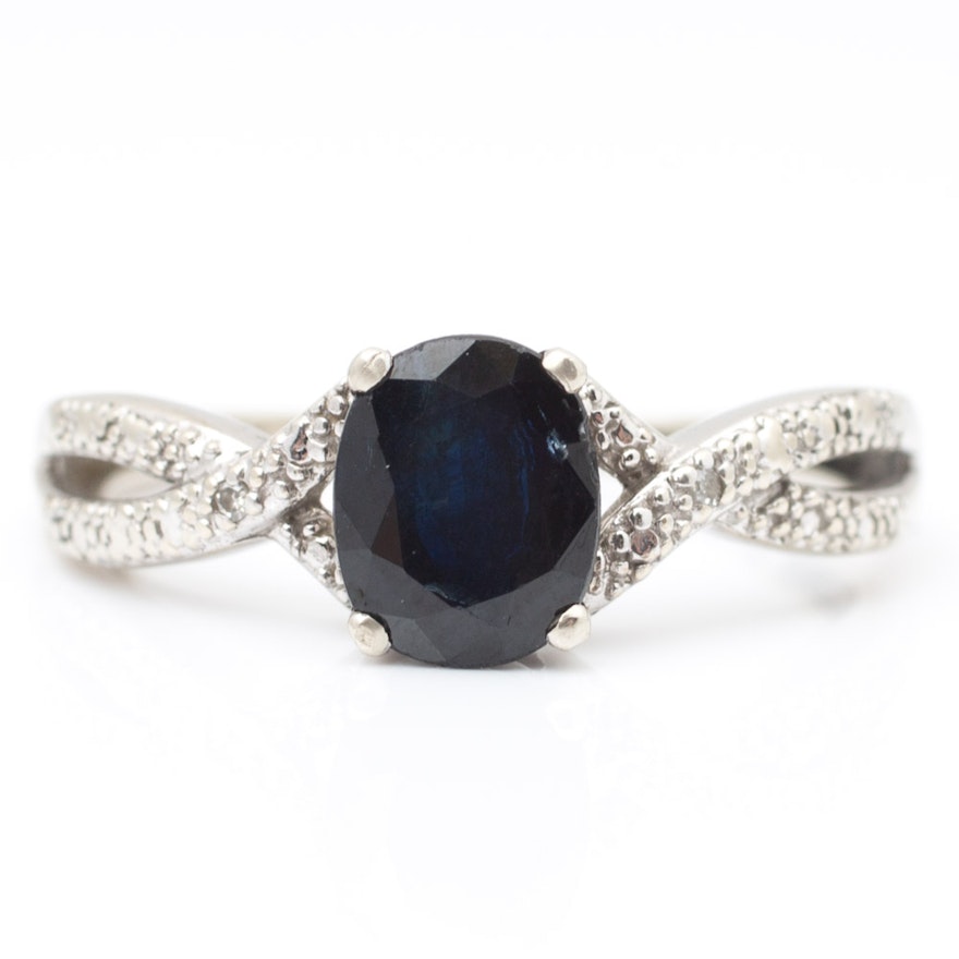 10K White Gold Sapphire and Diamond Ring