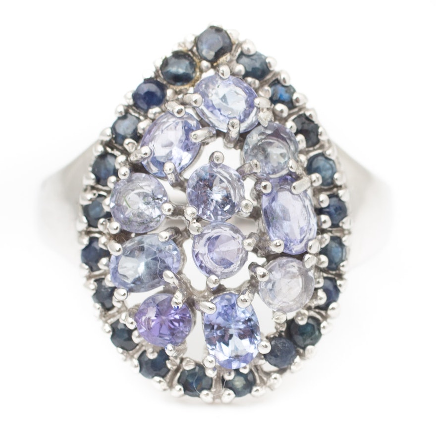 Sterling Silver Tanzanite and Sapphire Teardrop Cluster Ring