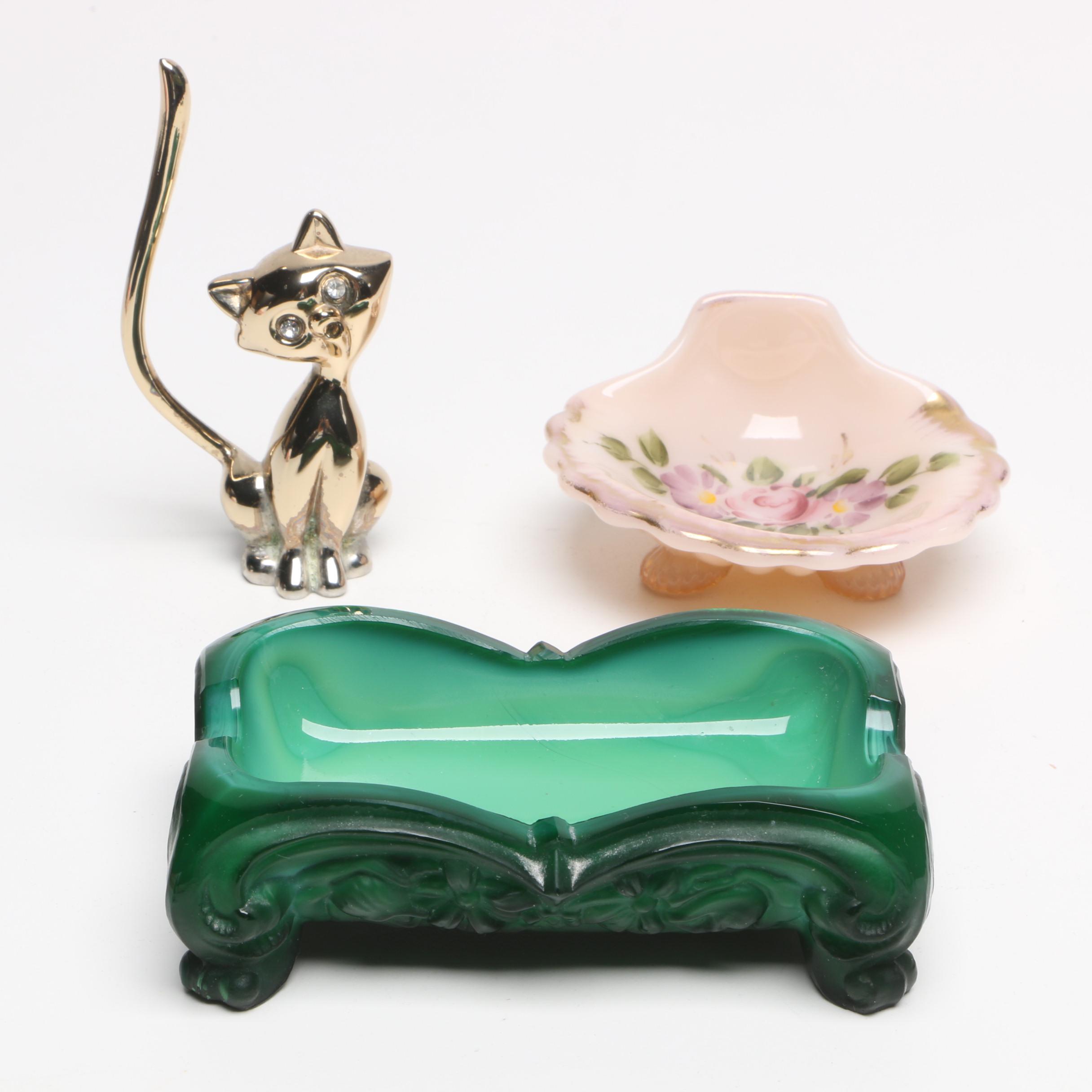 Glass Trinket Dishes and Cat Figurine